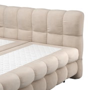 Beige gepolstertes Boxbett mit gestepptem Kopfteil, seitliche Perspektive