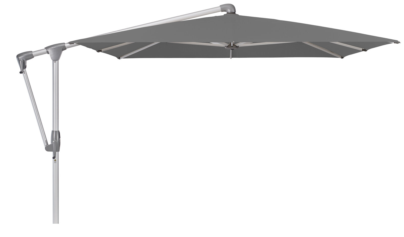 Grauer Ampelschirm in seitlicher Perspektive mit stabilem Gestell und verstellbarem Arm.