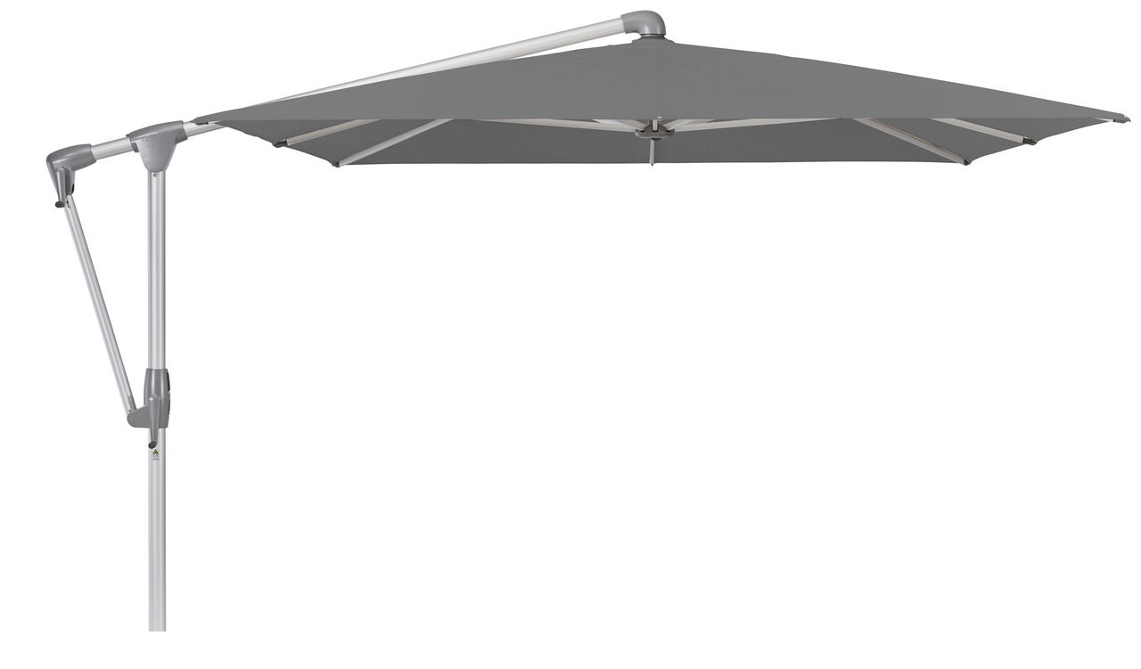 Grauer Ampelschirm in seitlicher Perspektive mit stabilem Gestell und verstellbarem Arm.