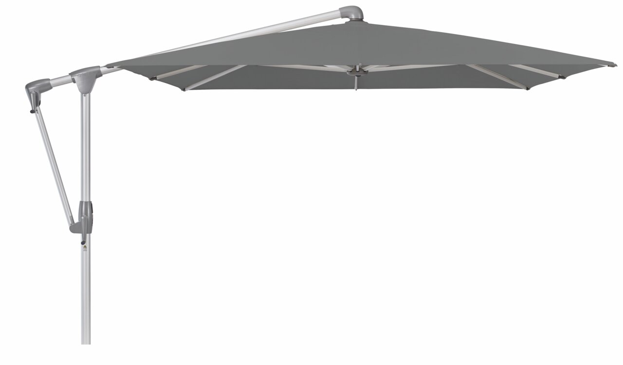 Glatz Ampelschirm SUNWING CASA EASY INDIVIDUAL Grauer Ampelschirm in seitlicher Perspektive mit stabilem Gestell und verstellbarem Arm.