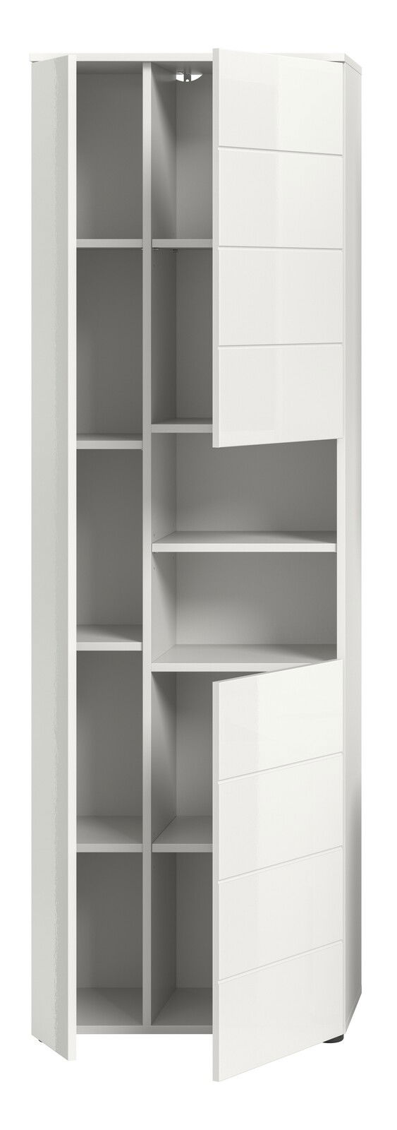 Moderner weißer Hochschrank mit mehreren offenen Fächern und zwei teilweise geöffneten Türen, Frontalansicht.