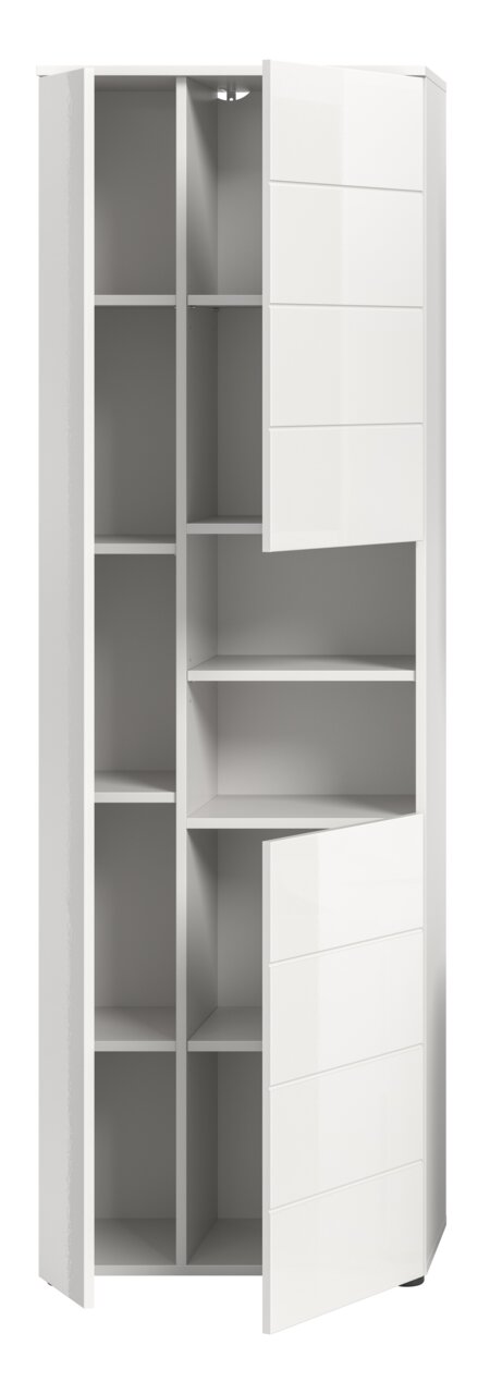 Moderner weißer Hochschrank mit mehreren offenen Fächern und zwei teilweise geöffneten Türen, Frontalansicht.