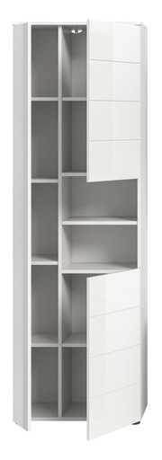 Moderner weißer Hochschrank mit mehreren offenen Fächern und zwei teilweise geöffneten Türen, Frontalansicht.