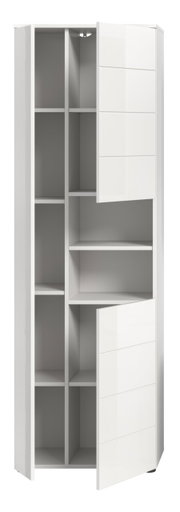 Moderner weißer Hochschrank mit mehreren offenen Fächern und zwei teilweise geöffneten Türen, Frontalansicht.