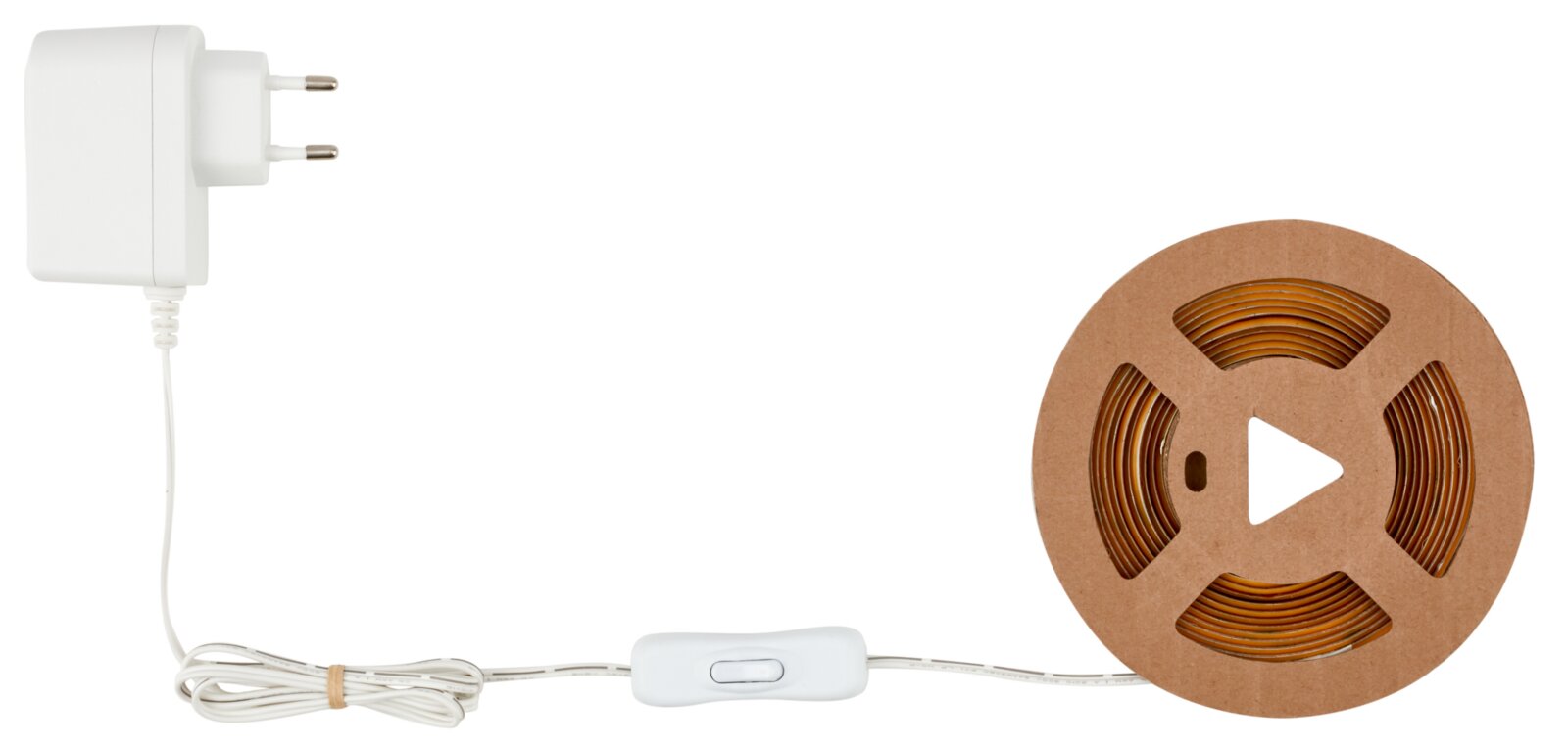 LED-Lichtband auf Rolle mit Netzteil und Inline-Schalter, freigestellt auf weißem Hintergrund, Seitenansicht von links nach rechts