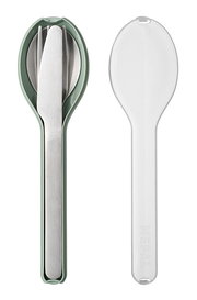Dreiteiliges Besteckset Ellipse in grüner Halterung, bestehend aus Messer, Gabel und Löffel, aus der Vogelperspektive.