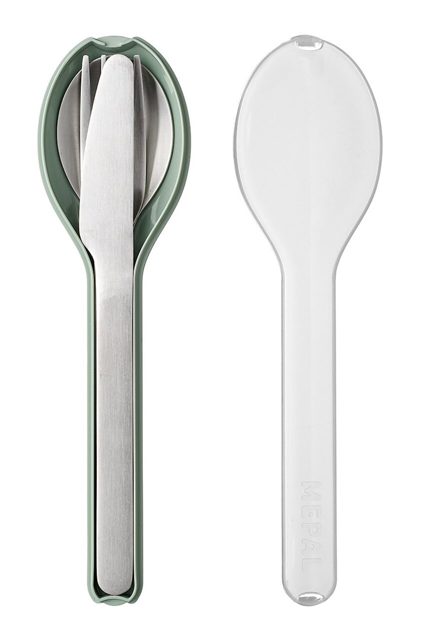 Mepal Bestekset, 3-delig, Nordic sage ELLIPSE Driedelige bestekset Ellipse in een groene houder, bestaande uit een mes, vork en lepel, gezien vanuit vogelperspectief.