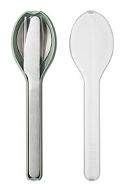 Dreiteiliges Besteckset Ellipse in grüner Halterung, bestehend aus Messer, Gabel und Löffel, aus der Vogelperspektive.