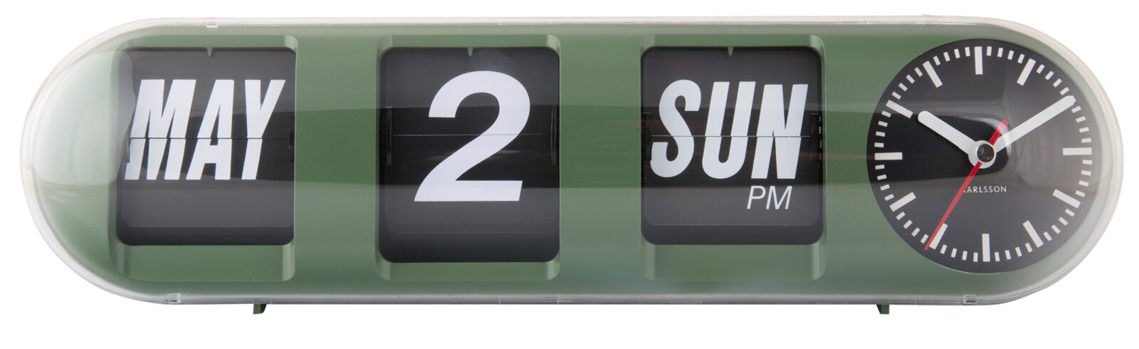 Groene tafelklok van Karlsson met uitklapbaar display voor datum en dag van de week en een analoge wijzerplaat, afgebeeld van voren.
