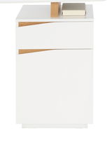 Moderner weißer Schreibtisch mit Holzdetails, seitliche Perspektive