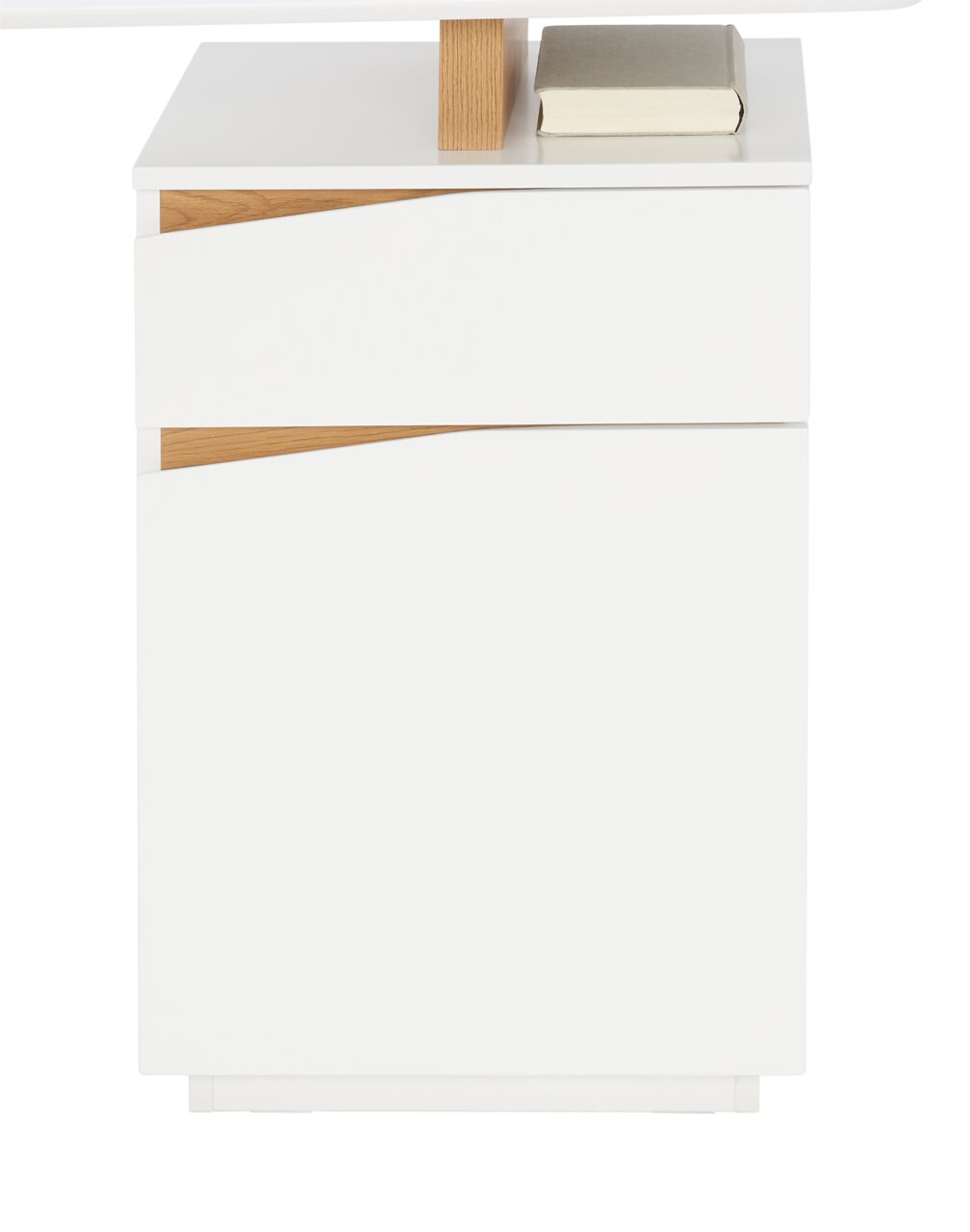 Moderner weißer Schreibtisch mit Holzdetails, seitliche Perspektive