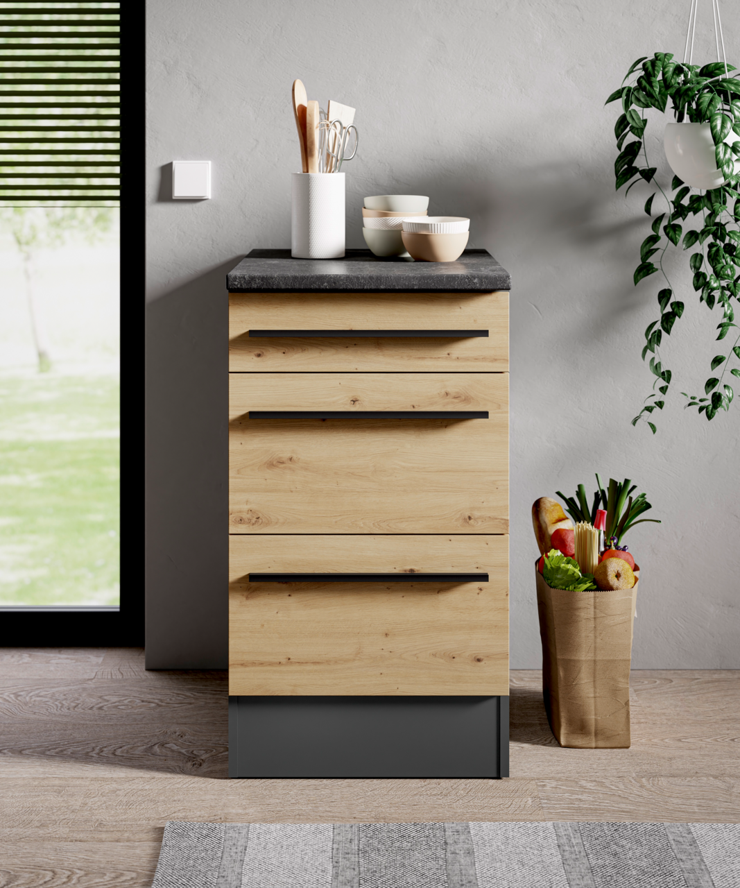 Moderner Unterschrank mit Holzoptik und drei Schubladen, seitliche Perspektive