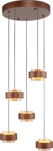 Moderne LED-hanglamp met vijf ronde, koperkleurige kappen, gezien van onderaf.