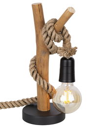 Rustikale Tischleuchte NERIDA mit Holzstamm und Seil, seitliche Perspektive
