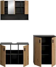 Modernes Badmöbel-Set in Schwarz mit vertikal gerillten Holztüren und Spiegel, Türen geöffnet, Frontalansicht