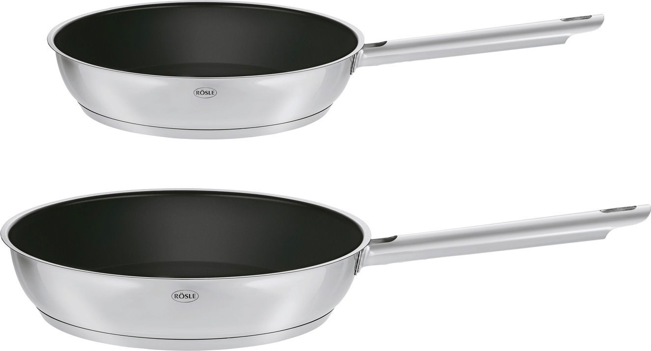 Rösle Pfannenset 2-tlg. ELEGANCE Zweiteiliges Pfannenset Elegance mit 24 cm Durchmesser, seitliche Perspektive, Edelstahl mit Antihaftbeschichtung.