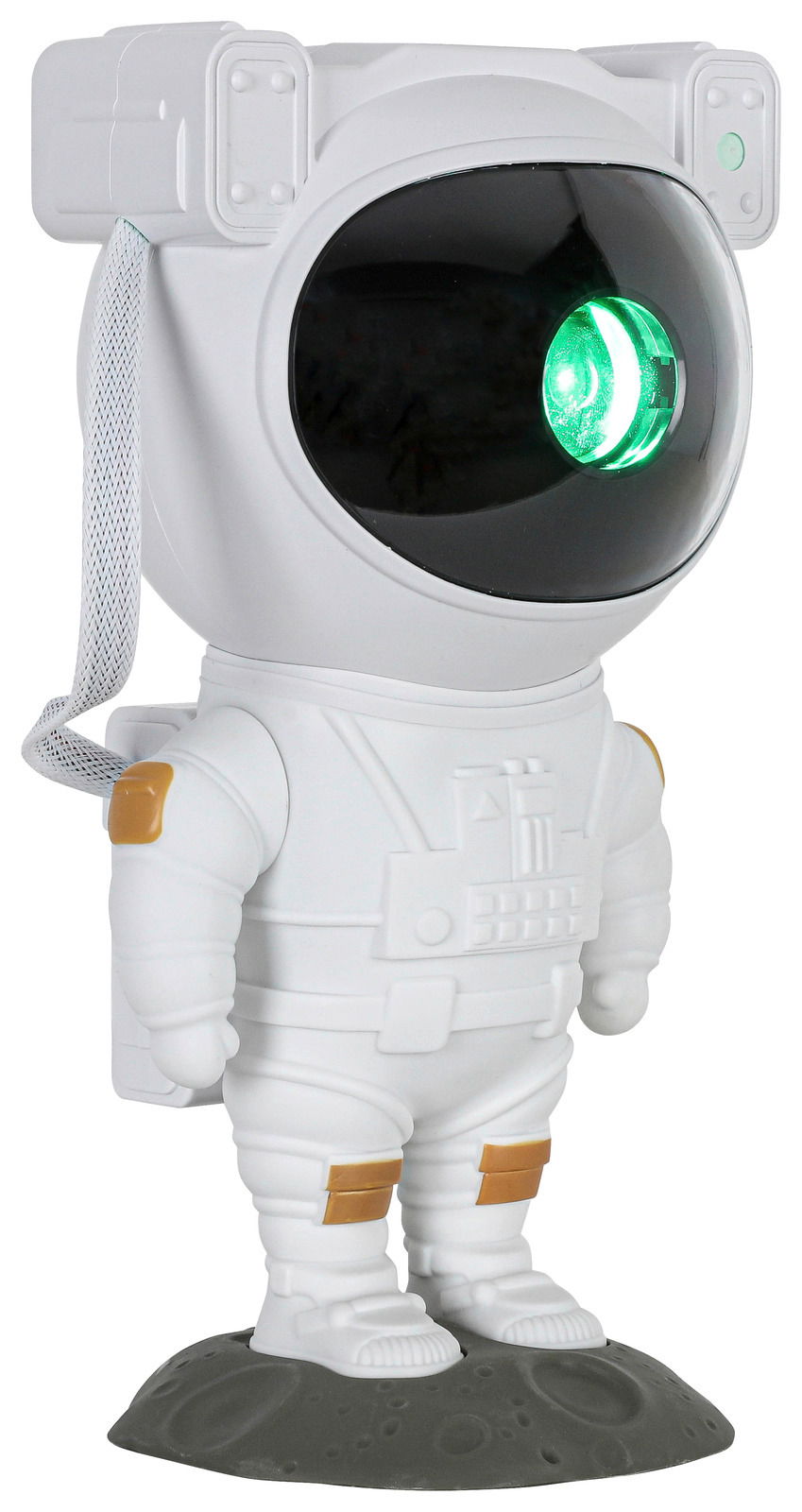 LED-Dekoleuchte in Form eines Astronauten mit leuchtendem grünen Visier, seitliche Perspektive