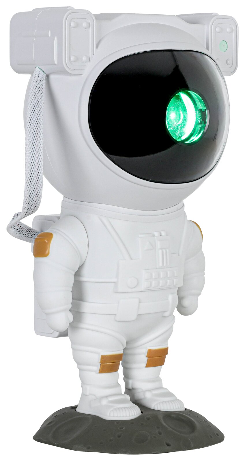 LED-Dekoleuchte in Form eines Astronauten mit leuchtendem grünen Visier, seitliche Perspektive