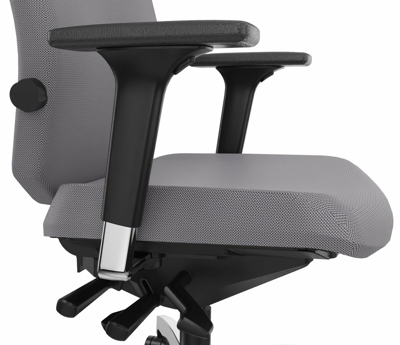 Nahaufnahme eines grauen Drehstuhls mit Armlehnen, seitliche Perspektive