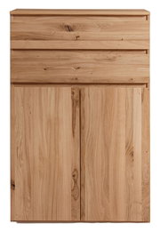 Frontale Ansicht eines Highboards aus hellem Holz mit natürlicher Maserung und zwei Türen.