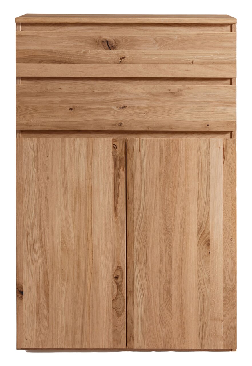 Frontale Ansicht eines Highboards aus hellem Holz mit natürlicher Maserung und zwei Türen.
