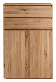 Frontale Ansicht eines Highboards aus hellem Holz mit natürlicher Maserung und zwei Türen.