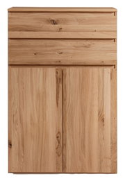 Vooraanzicht van een hoogkast van licht hout met een natuurlijke nerf en twee deuren.