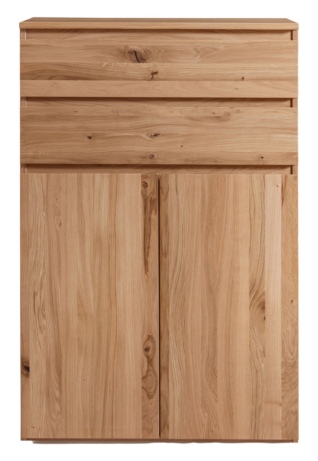 Vooraanzicht van een hoogkast van licht hout met een natuurlijke nerf en twee deuren.