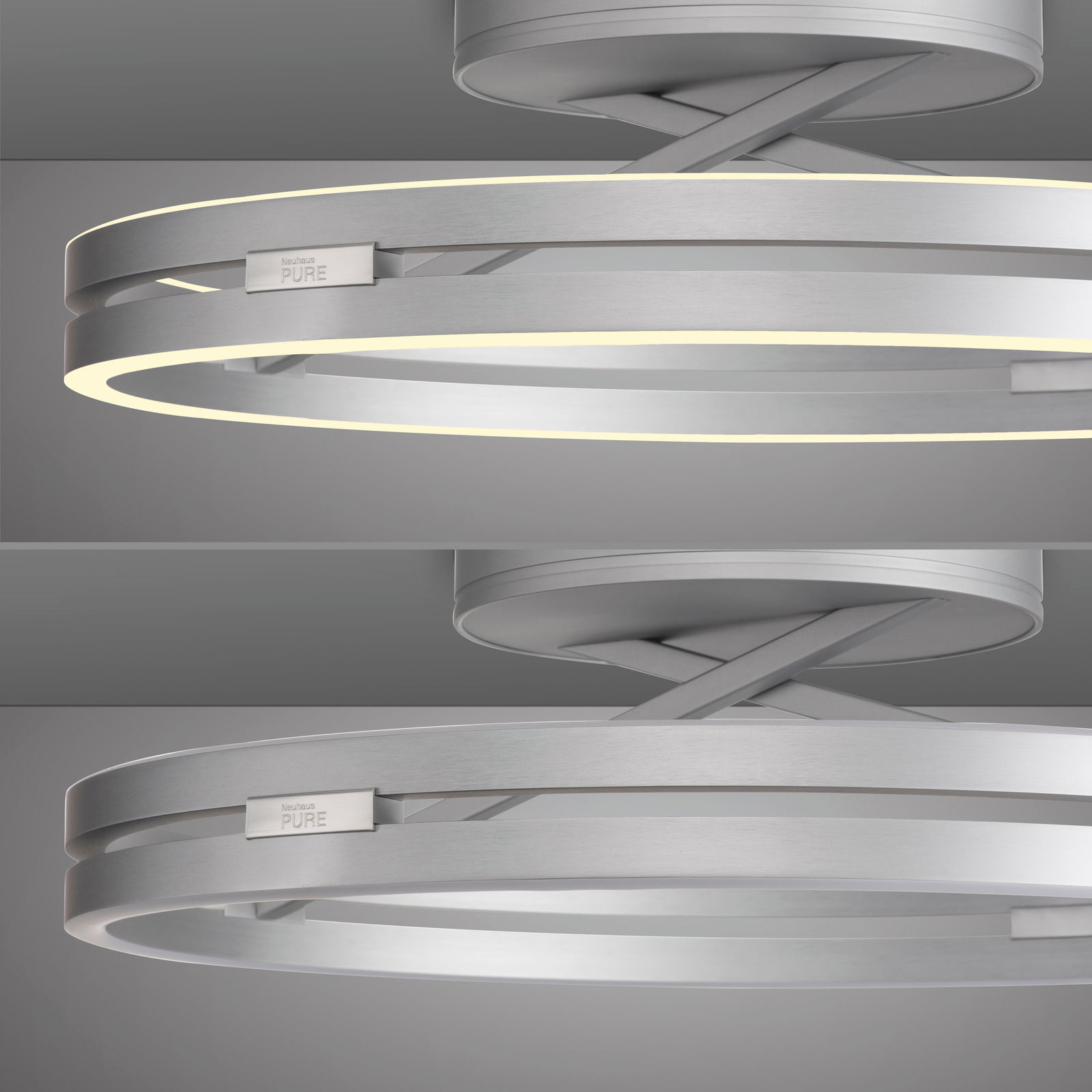 Moderne Deckenleuchte PURE Loop in silberner Optik, seitliche Perspektive mit leuchtendem LED-Ring.