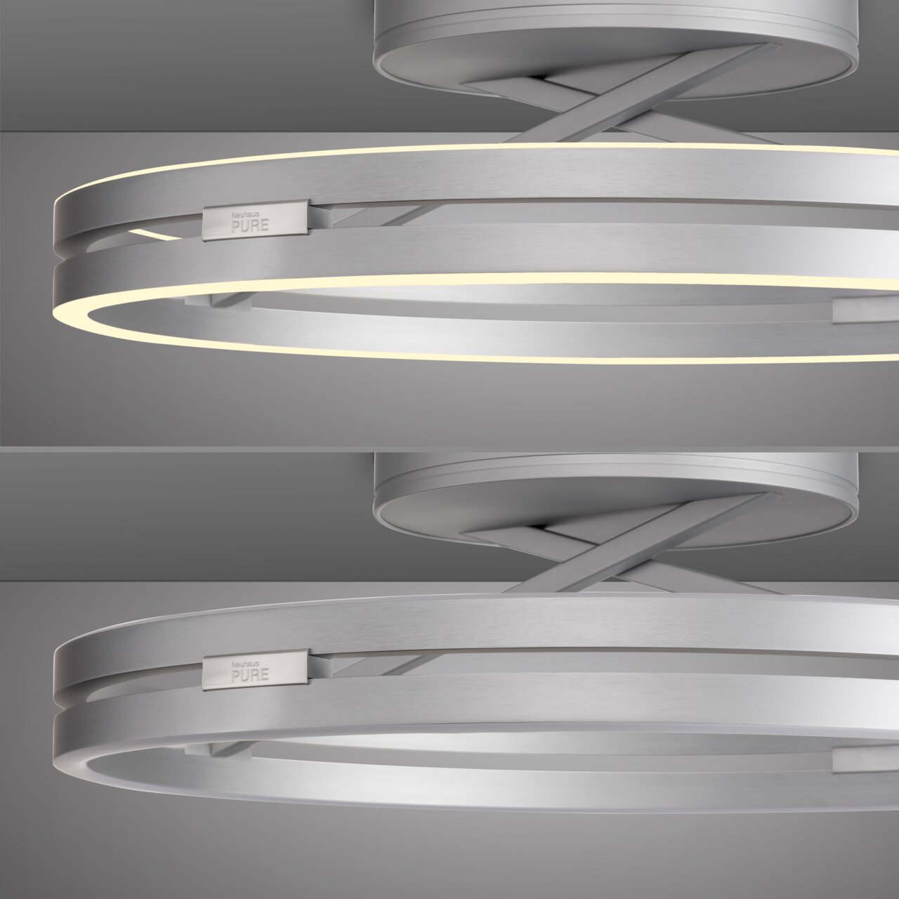 Moderne Deckenleuchte PURE Loop in silberner Optik, seitliche Perspektive mit leuchtendem LED-Ring.