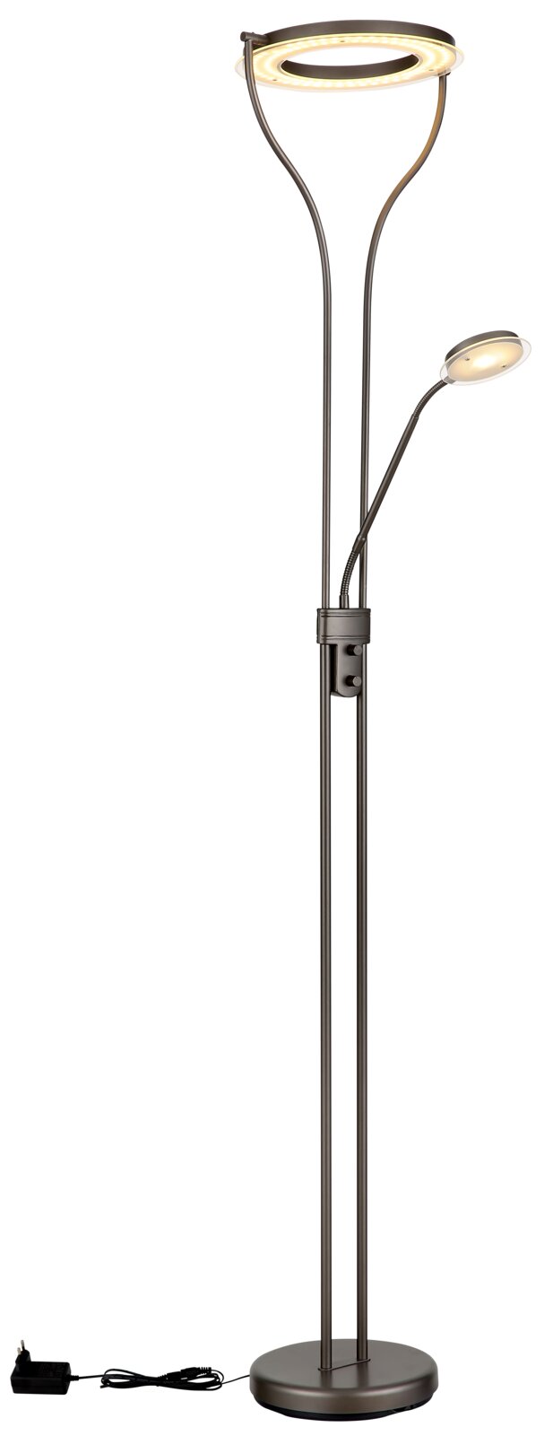 Moderne LED-Deckenfluter-Stehleuchte in Anthrazit mit ringförmigem Hauptlicht und flexiblem Lesearm, runder Standfuß mit Kabel und Netzteil, frontal freigestellt auf weißem Hintergrund