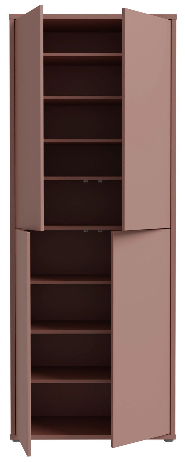 XL-Schuhschrank hoch 4T in brauner Farbe, frontal mit geöffneten Türen, zeigt mehrere Regalböden zur Schuhaufbewahrung.