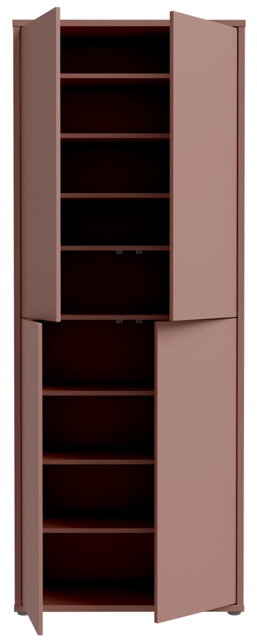 XL-Schuhschrank hoch 4T in brauner Farbe, frontal mit geöffneten Türen, zeigt mehrere Regalböden zur Schuhaufbewahrung.