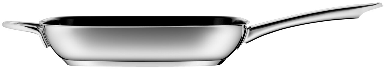 Zijaanzicht van een zilveren grillpan met keramische coating en een lang handvat.