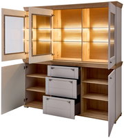 Buffetschrank mit offenen Türen und Schubladen, beleuchtete Glasvitrinen im oberen Bereich, Holzoptik, Frontalansicht