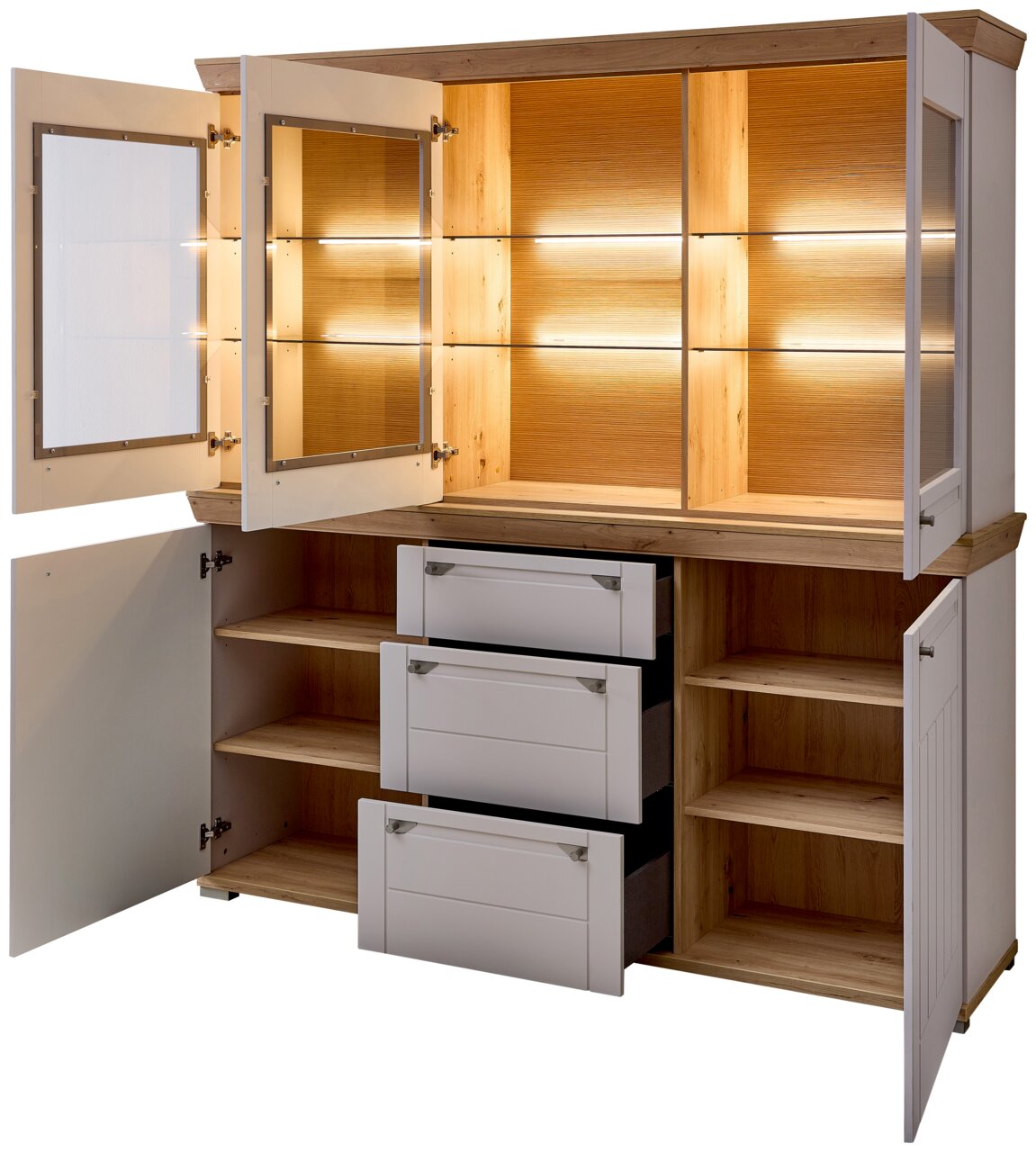Buffetschrank mit offenen Türen und Schubladen, beleuchtete Glasvitrinen im oberen Bereich, Holzoptik, Frontalansicht
