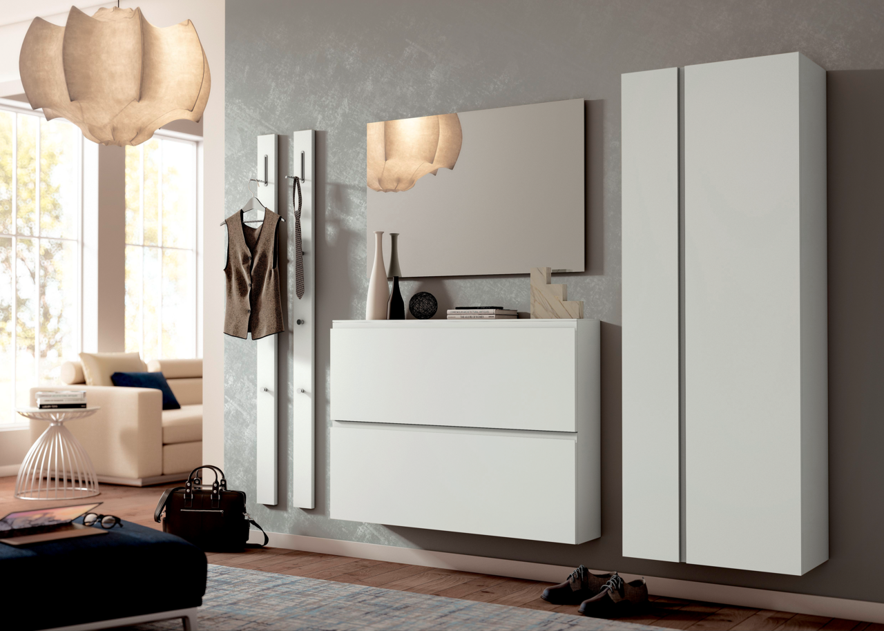 Moderano Hängeschuhschrank LECCO Moderner Hängeschuhschrank in Weiß mit zwei Klappen, seitliche Perspektive, Teil einer stilvollen Garderobeneinrichtung.