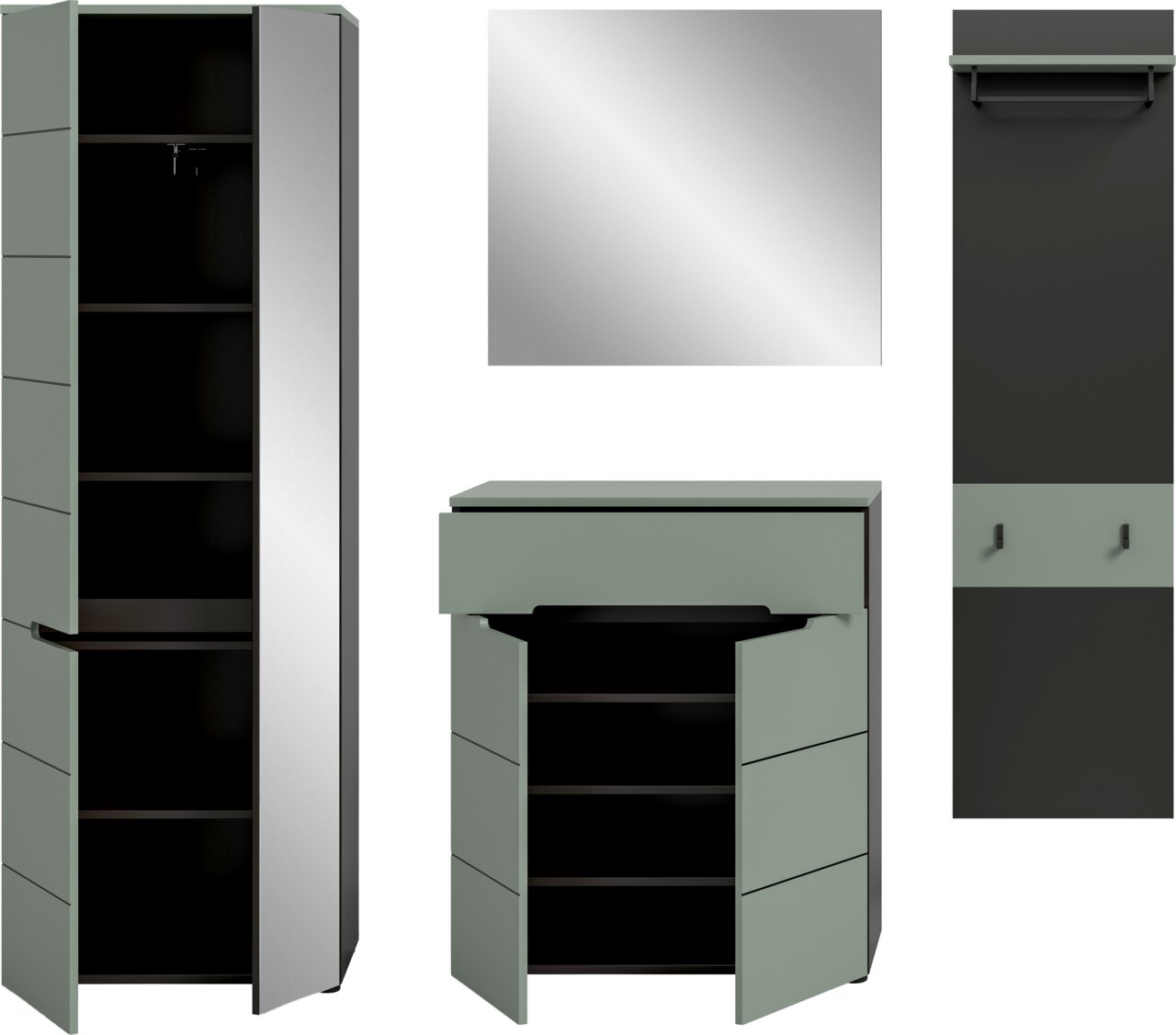 Modernes Garderoben-Set in Salbeigrün und Anthrazit mit hohem Schrank und Kommode, Türen geöffnet, dazu quadratischer Spiegel und Wandpaneel mit Ablage und Haken; Ansicht frontal mit leichter Schrägperspektive