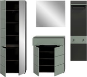 Modernes Garderoben-Set in Salbeigrün und Anthrazit mit hohem Schrank und Kommode, Türen geöffnet, dazu quadratischer Spiegel und Wandpaneel mit Ablage und Haken; Ansicht frontal mit leichter Schrägperspektive