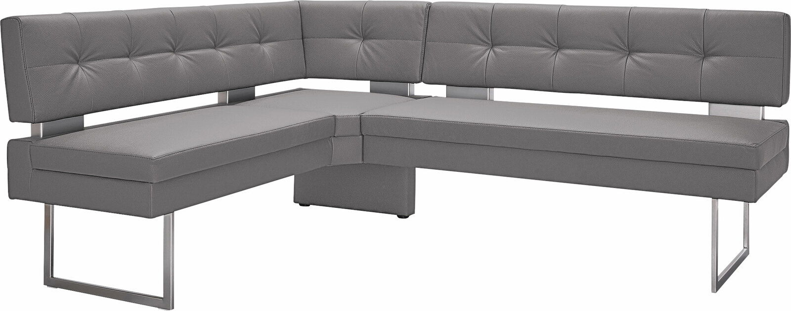 Graue Eckbank mit modernem Design und Metallbeinen, seitliche Perspektive
