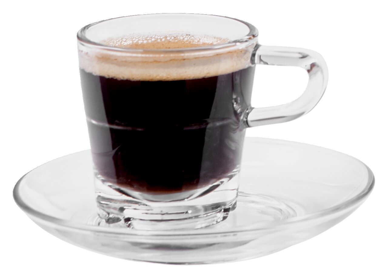 Espressotasse Senso 70ml aus Glas mit Untertasse, seitliche Perspektive