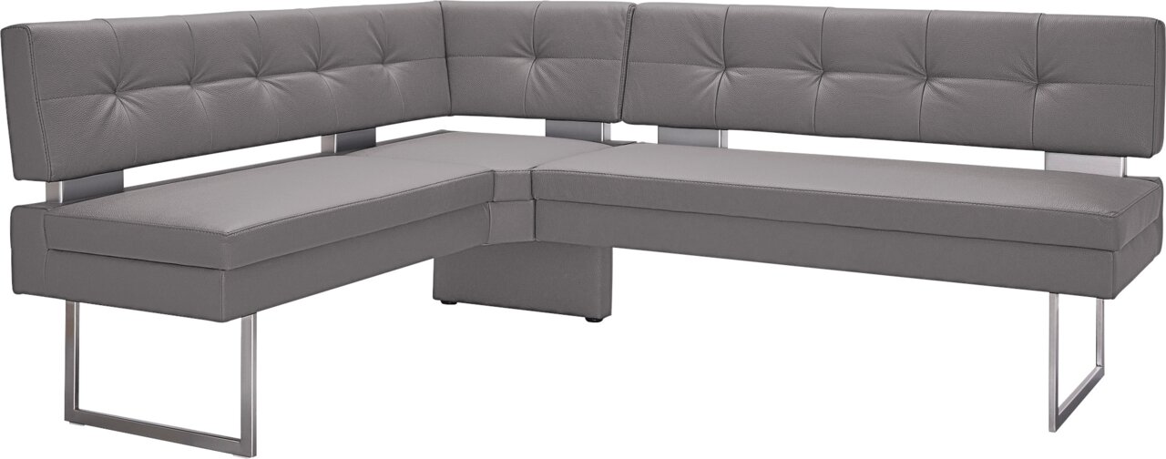 Graue Eckbank mit modernem Design und Metallbeinen, seitliche Perspektive