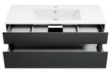 Moderne Badkombination mit zwei offenen Schubladen und integriertem Waschbecken, Ansicht von vorne.