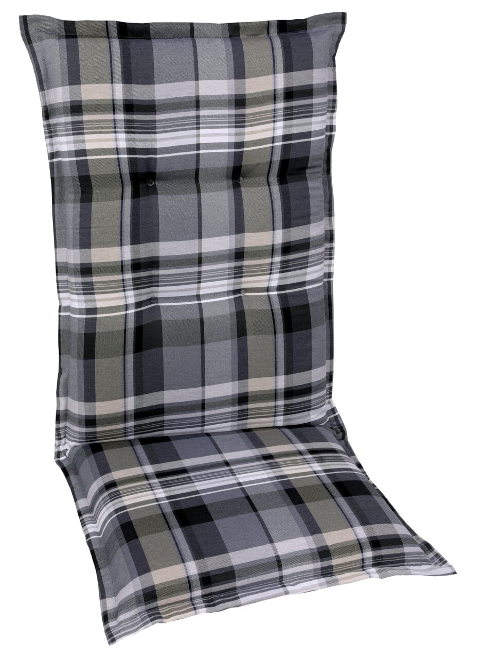 Sesselauflage mit grauem und schwarzem Karomuster, seitliche Perspektive