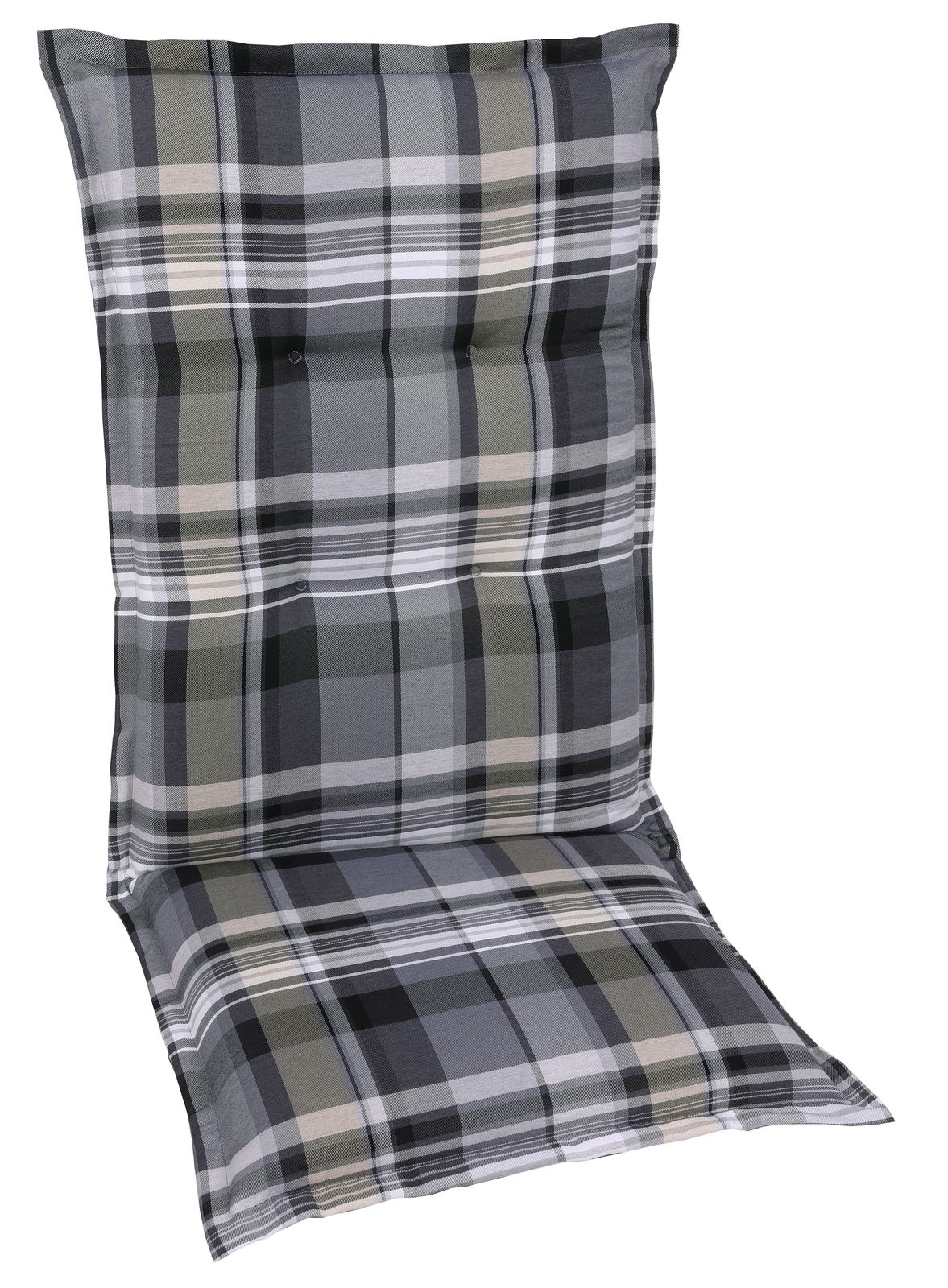 Sesselauflage mit grauem und schwarzem Karomuster, seitliche Perspektive