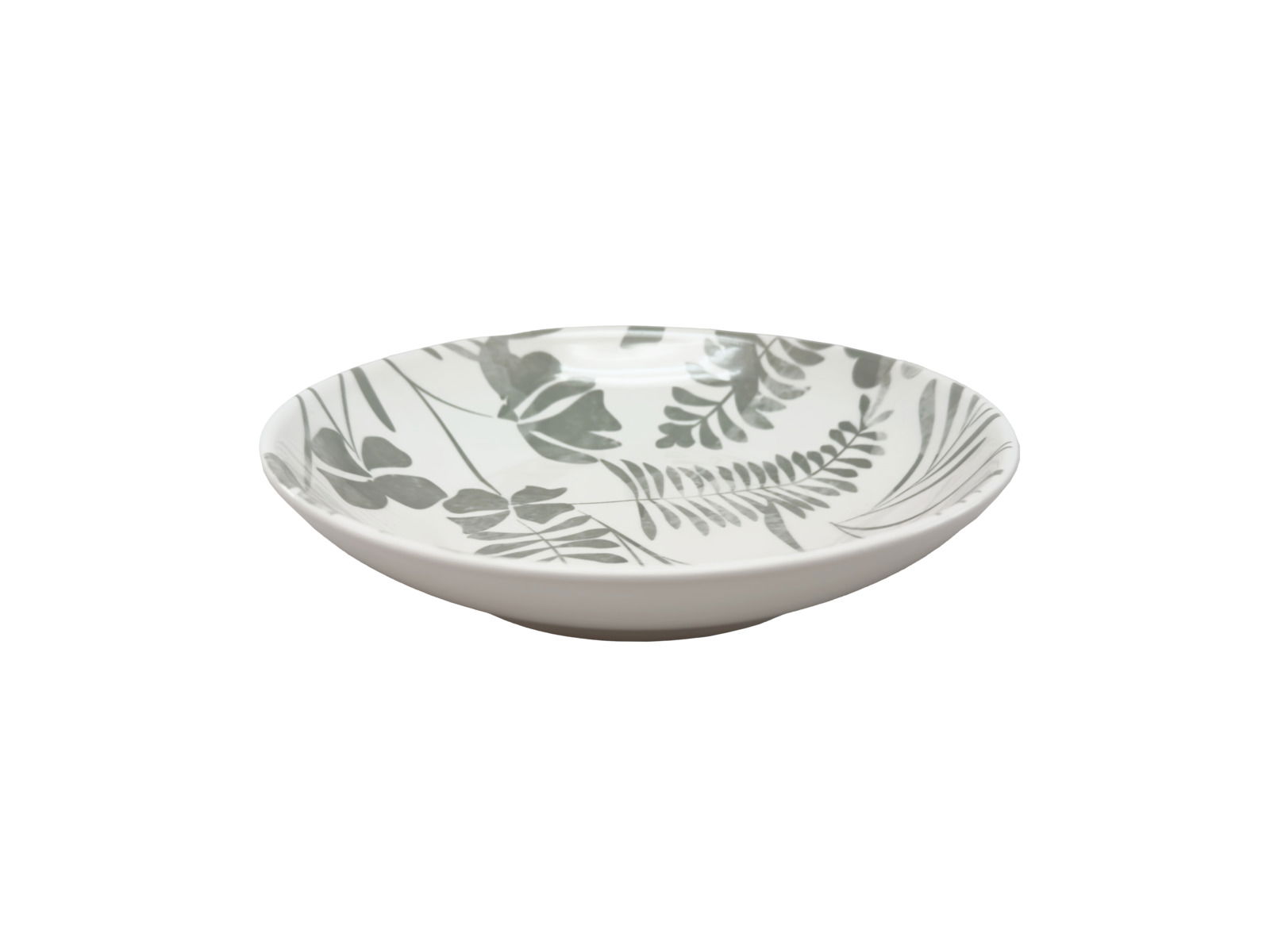 Flacher Teller mit grauem Blattmuster, seitliche Perspektive