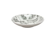 Flacher Teller mit grauem Blattmuster, seitliche Perspektive