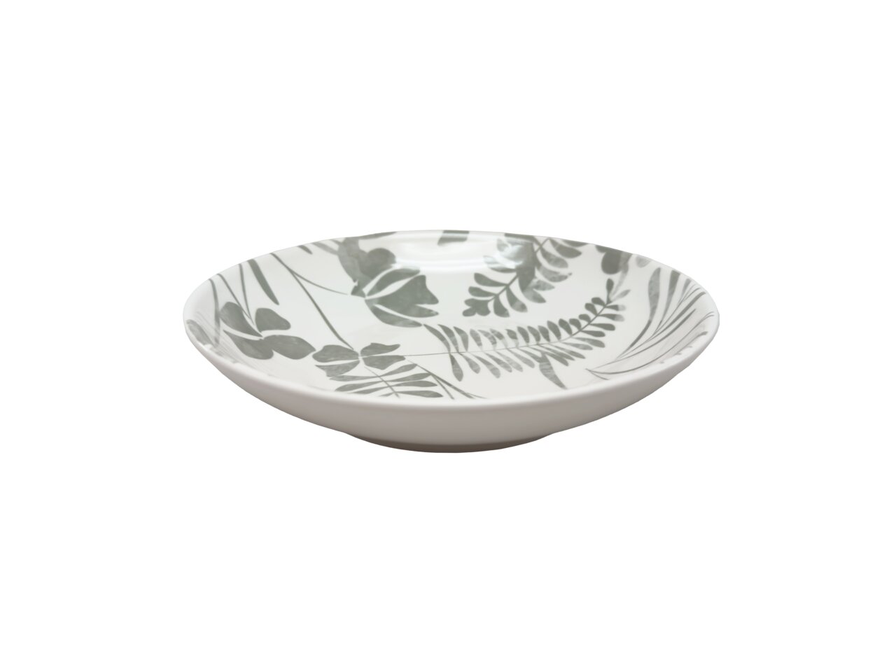 Flacher Teller mit grauem Blattmuster, seitliche Perspektive