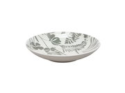 Flacher Teller mit grauem Blattmuster, seitliche Perspektive