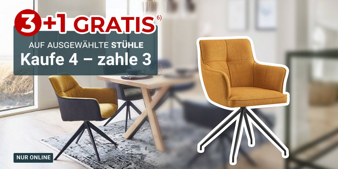 Moderner Essbereich mit gepolsterten Drehstühlen, 3+1 Gratis-Aktion hervorgehoben